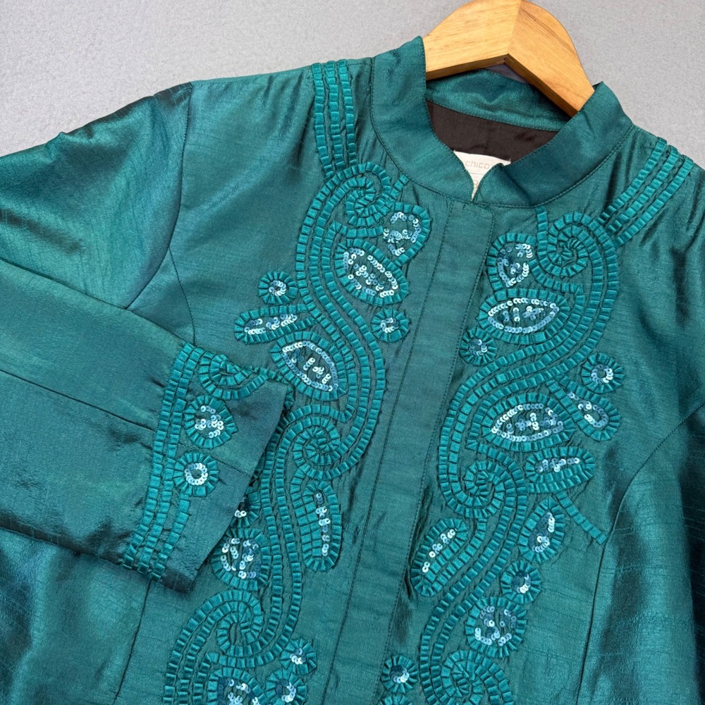 Chicos Teal Green Beaded Sequin Ribbon Embroidered Jacket Blazer Size 3 XL 16